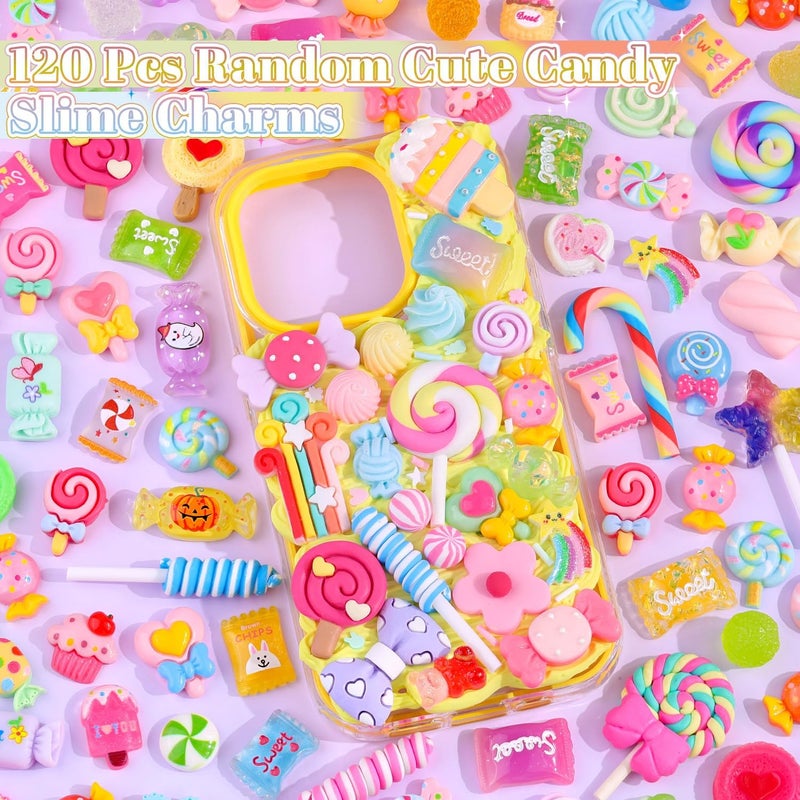 Glitzest 100PCS TINKRSTUFF Fake Candy Charms Cute Flatback Resin Charms for Slime, Random Kawaii Decoden Charm for Embellishments Phone Junk Case Charms Bulk Rainbow Bow Heart Lollipop, Scrapbooking DIY Decor - Image 3